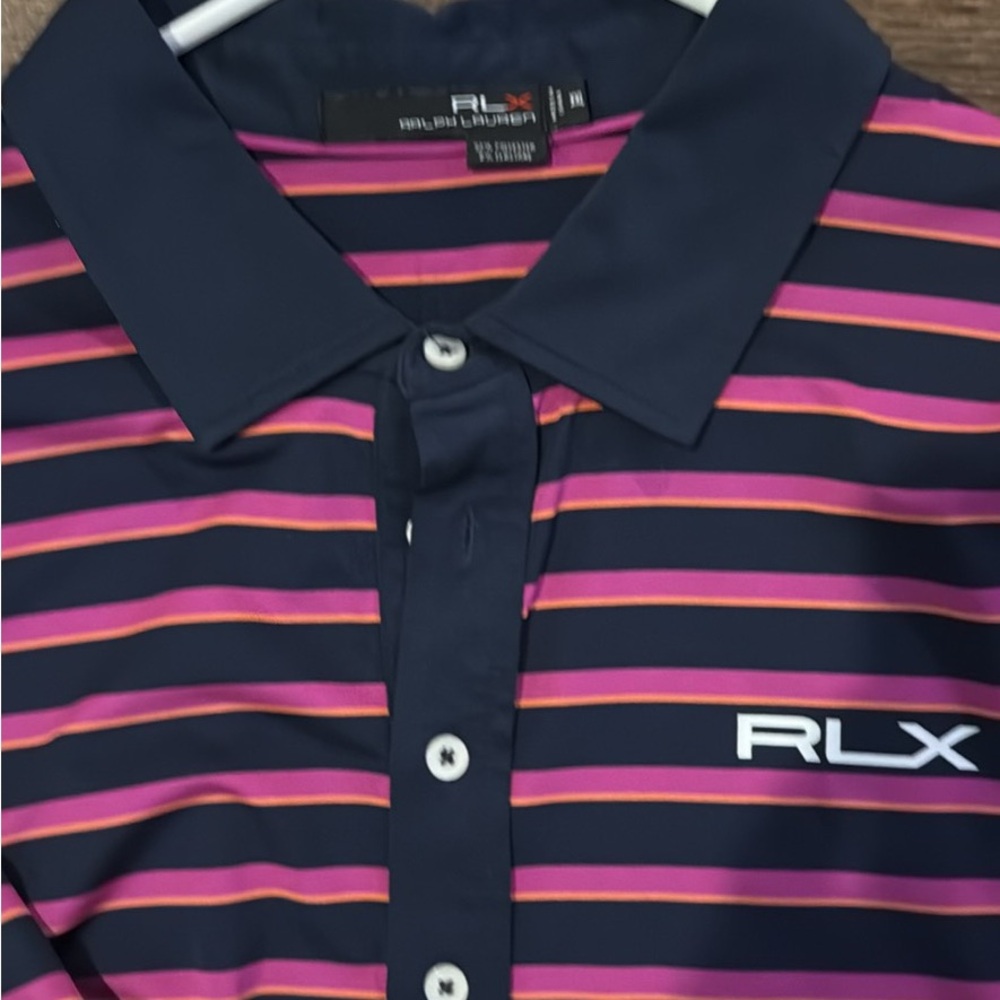 RLX Ralph Lauren Navy and Pink Striped Polo